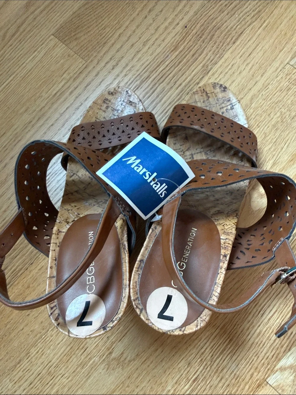 BCBGeneration Brown Laser-Cut Cork Wedge Sandals